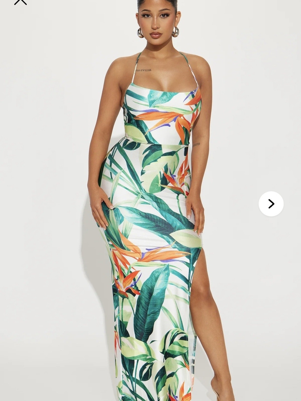 Fashion Nova Tropical Halter Maxi Dress - White, Green & Orange